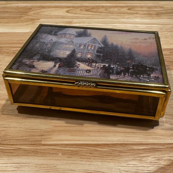 Thomas Kinkade Glass Trinket Box from Enesco Mirrored Bottom Victorian Setting - Picture 1 of 8